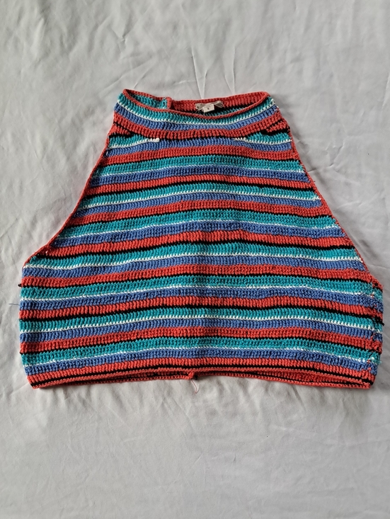 Ecote Tops - ​Ecote Striped Crochet Cotton Halter Tank Top Coral Teal Blue Boho Beach Size L